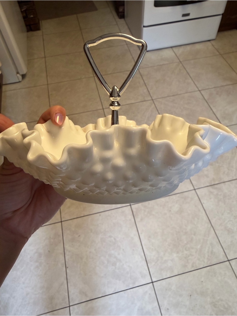 White Fenton Ruffled Milk Glass Handle Dish